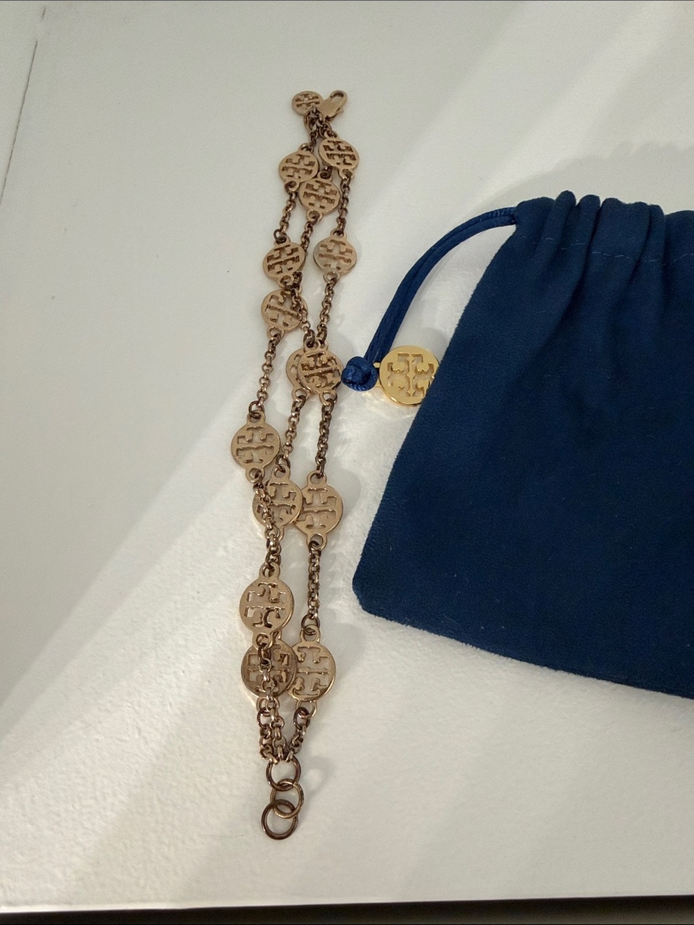 Tory Burch Yellow Gold Triple Strand Logo Medallion Chain Bracelet - Picture 3 of 4